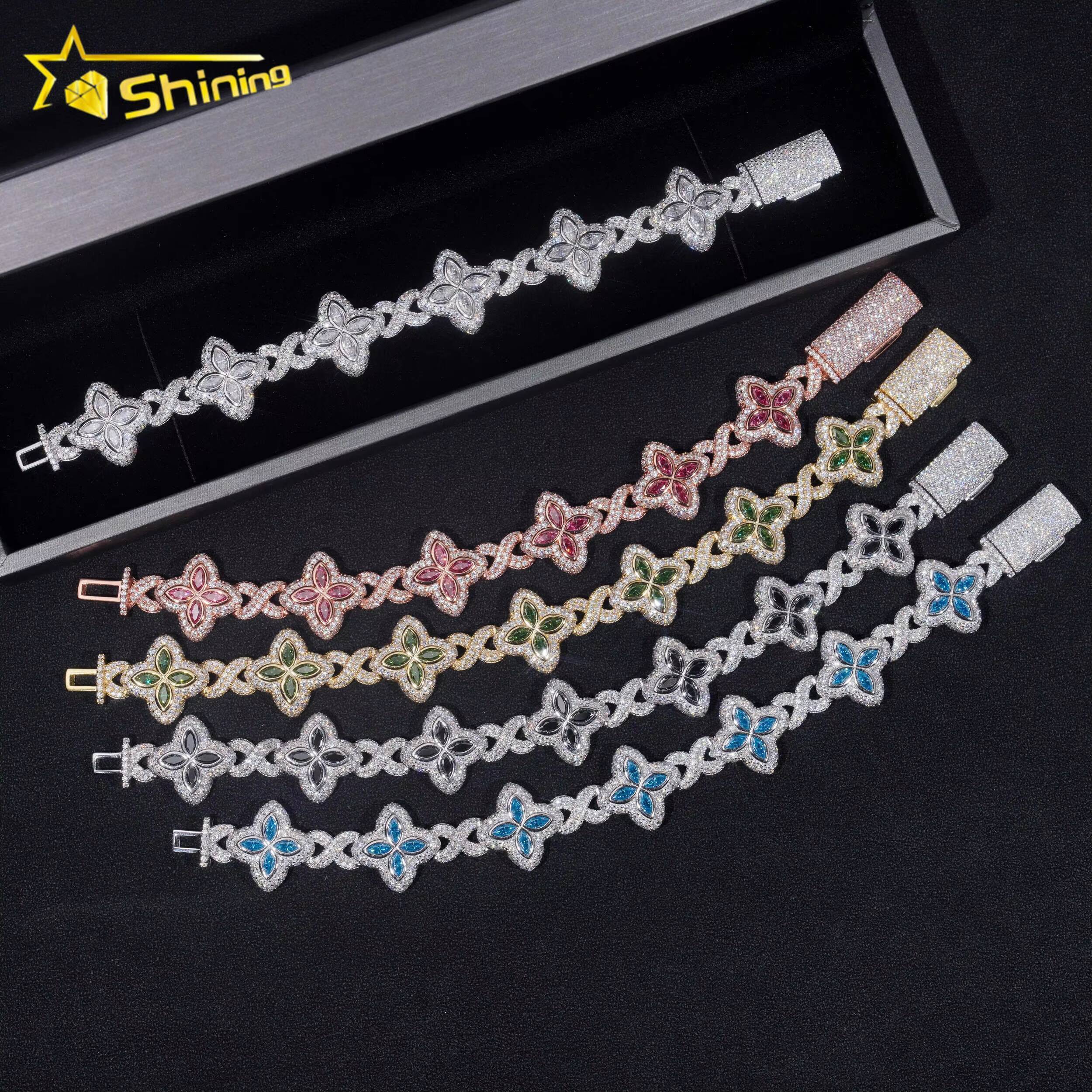 New Stocks Pass Diamond Tester Silver 925 Gold Plated Hip Hop Jewelry Custom Colored Moissanite Clover Cuban Bracelet