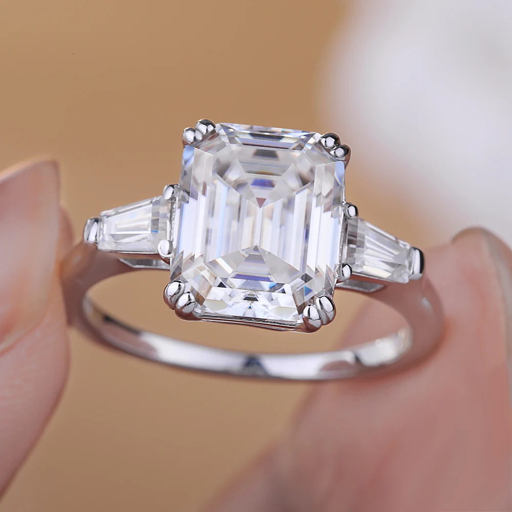 1-4CT Full Ring for Women 3 Stones Emerald/Trapezoid Cut Diamond S925 Sterling Silver Wedding Band with Certificate 250722