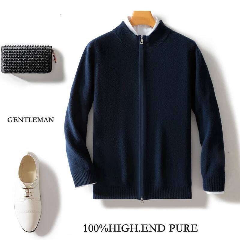 Men's 100% Merino Wool Warm Sweater Mock Collar Thickened Zippered Cardigan Autumn Winter New Cashmere Knitted Long Sleeve Tops MDNG