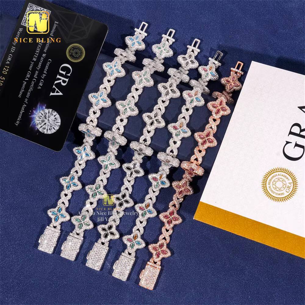 HOT SELLING 15mm Colorful Moissanite Flower Cuban Bracelet Ready Stock Hip Hop Fancy Diamond Cuban Link Chain Moissanite 925