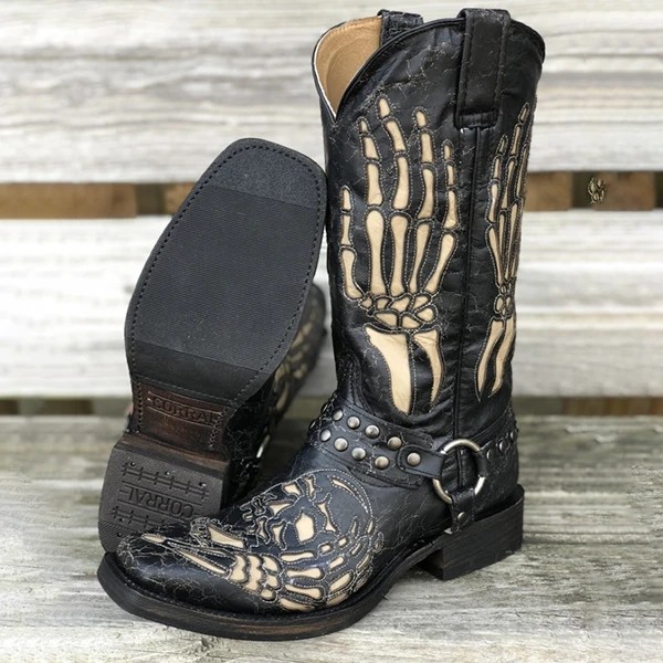 Square Head Totem Skull Patterned Martin Style Boots for Men Plus Sizing Options