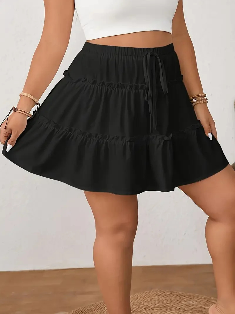 Plus Size 1XL5XL Spring Womens Casual Elegant Solid Color ALine Skirt Ladies with Ruffled Hem and Elastic Waistband Skirt 250729