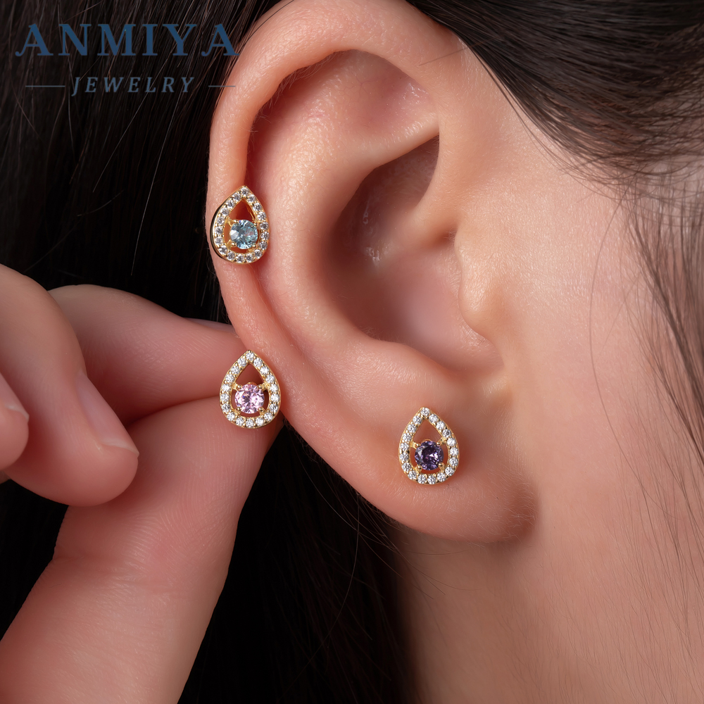 Customilzed 3pcs Set S925 Sterling Silver Purple Zircon CZ Stone Geometric Water Drop Heart-Shaped Zircon Stud Earrings Set