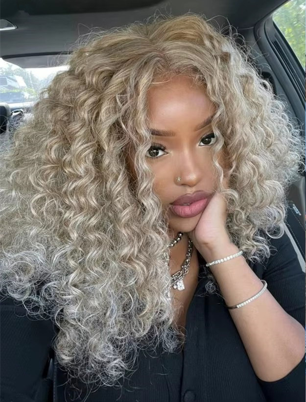 Deep Wave ash Blonde Glueless Wigs 100% Human Hair Pre Cut Highlight Wear and Go Curly Wigs for Women Ombre HD Lace Front Wig