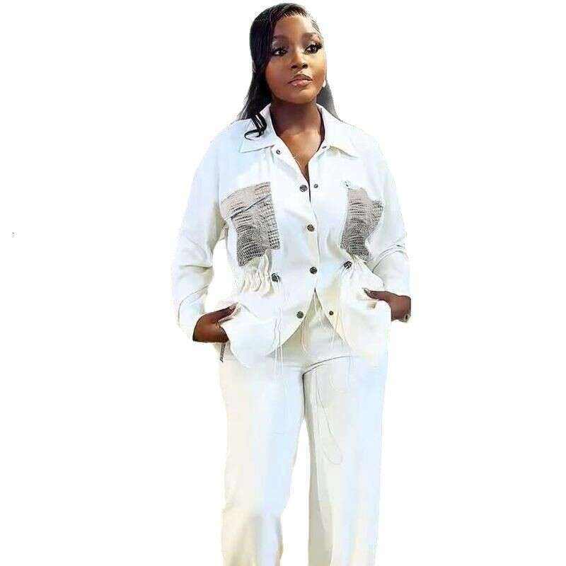 Women's Fashion Elegant Waist-Cinching Shirt Sleeve Cardigan Long Pants Two-Piece Set B5