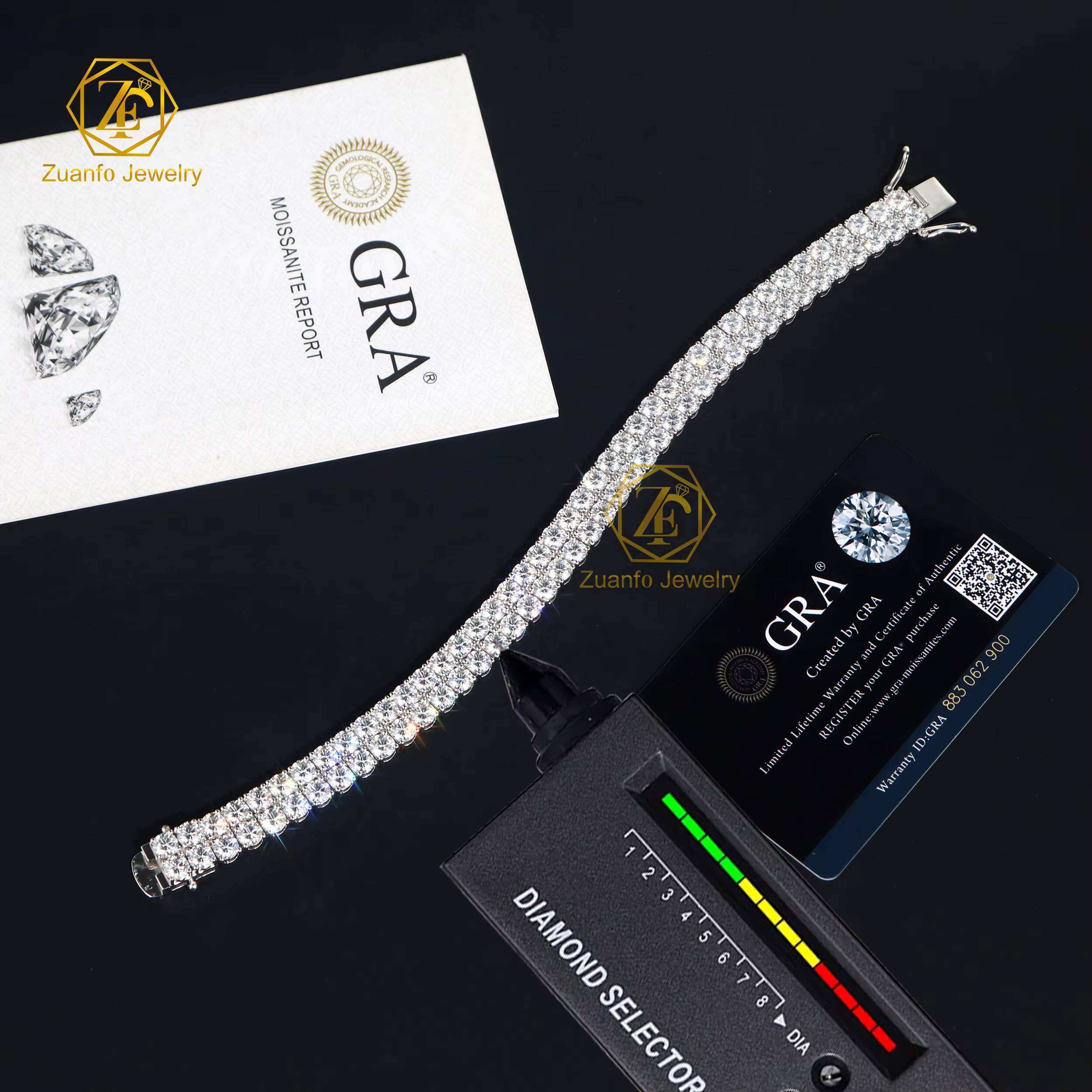 Hip Hop Charm Jewelry Bracelet 2 Rows Clustered Gra Synthetic 5MM 0.5CT Moissanite Diamond 10MM Wide Tennis Bracelet for Women