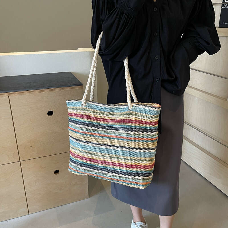 Colorful Striped Woven Vacation Style Straw High-end Fashion Versatile Shoulder New Large Capacity Bag