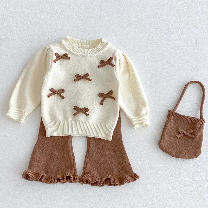 0-24M Baby Girls Knit Suit Fashion Baby Girls Clothing Sets Bow Knit SweaterBell-Bottoms Suit 2PCS Infant Girls Knit Tracksuits 250729
