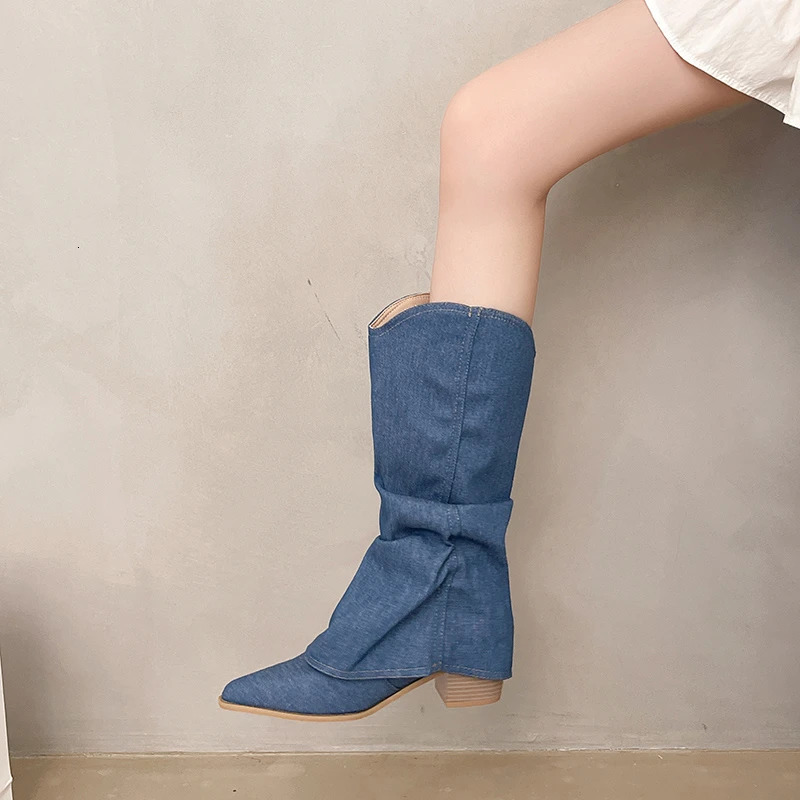 Pointed Denim Single Boots Womens Four Seasons Sleeve Non-Slip Wear-Resistant Square Heel Mid-Cone Boots 250729