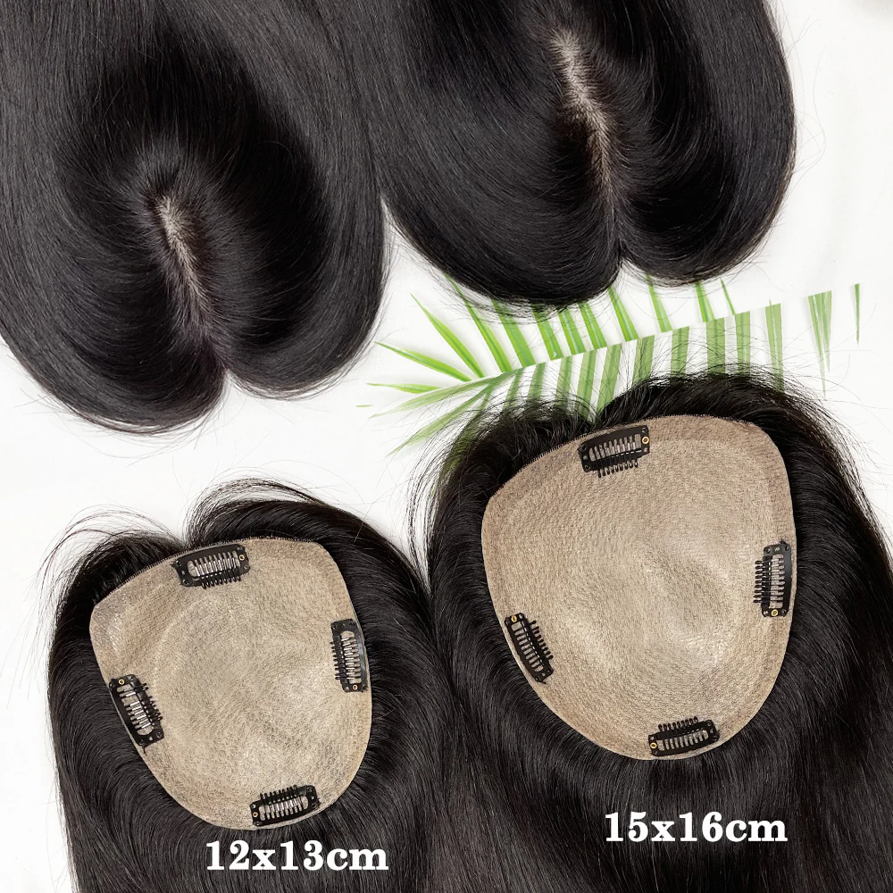 Silk Base Human Hair Topper hair piece with 4 Clips Virgin European Hair Silk Top Toupee for Women Fine Hairpiece black brown 15X16CM