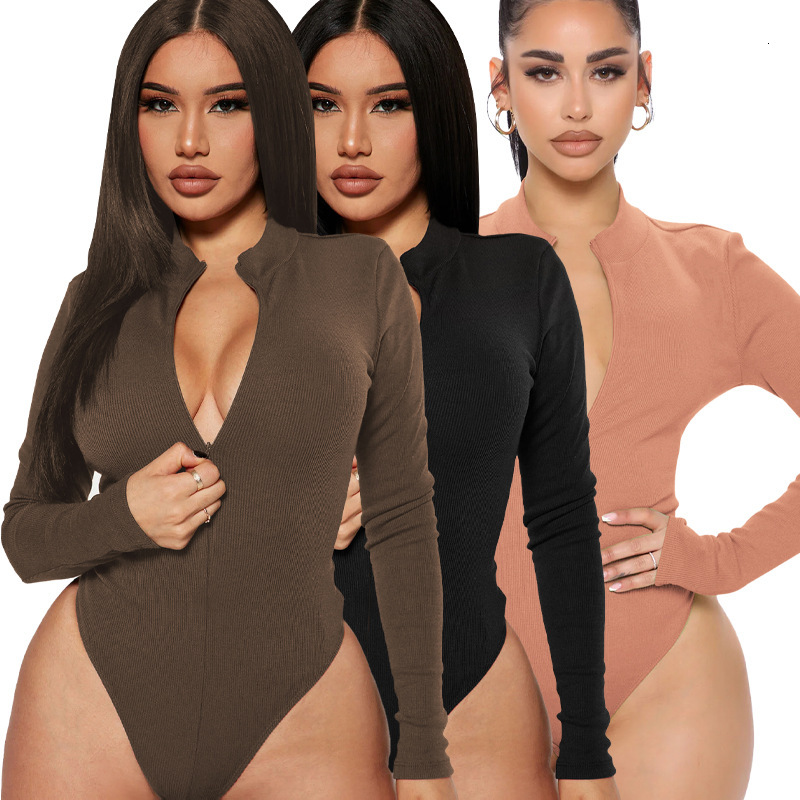 F1712 Autumn Winter New Solid Color Ribbed Long Sleeve Fashion Sexy Tight Bodysuit
