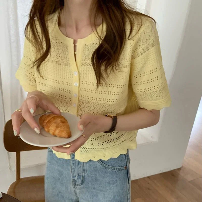 Chic Knitted Hollow Out Tshirts Women 2025 Summer Button Up Short Sleeve Crop Tee Woman All Match Round Neck T Shirt Female 250724