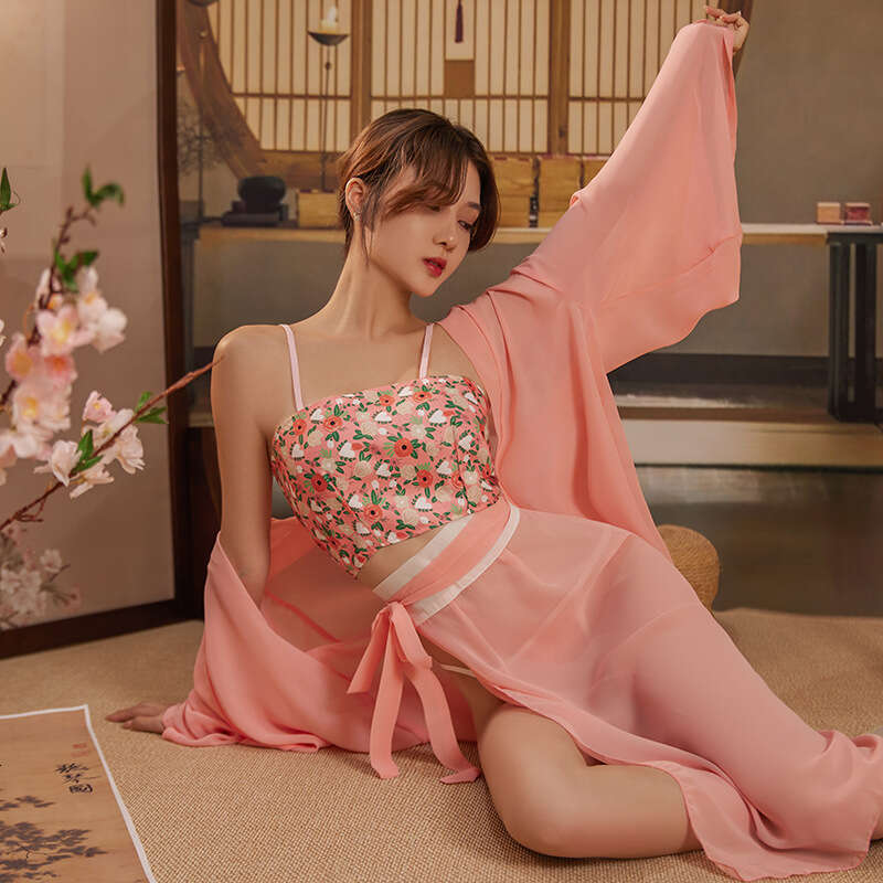Sexy Lingerie Bellyband Hanfu Ancient Style Role Play Uniform Flower Girl Pajamas Homewear Set