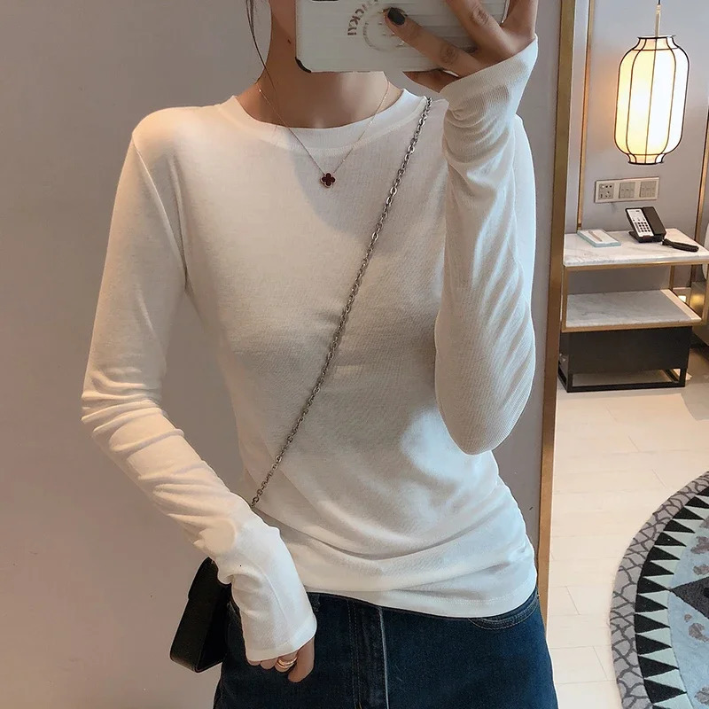 Women High Quality Plain T Shirt Cotton Elastic Basic Tshirts Female Casual Tops Long Sleeve Sexy Thin Tshirt 250729