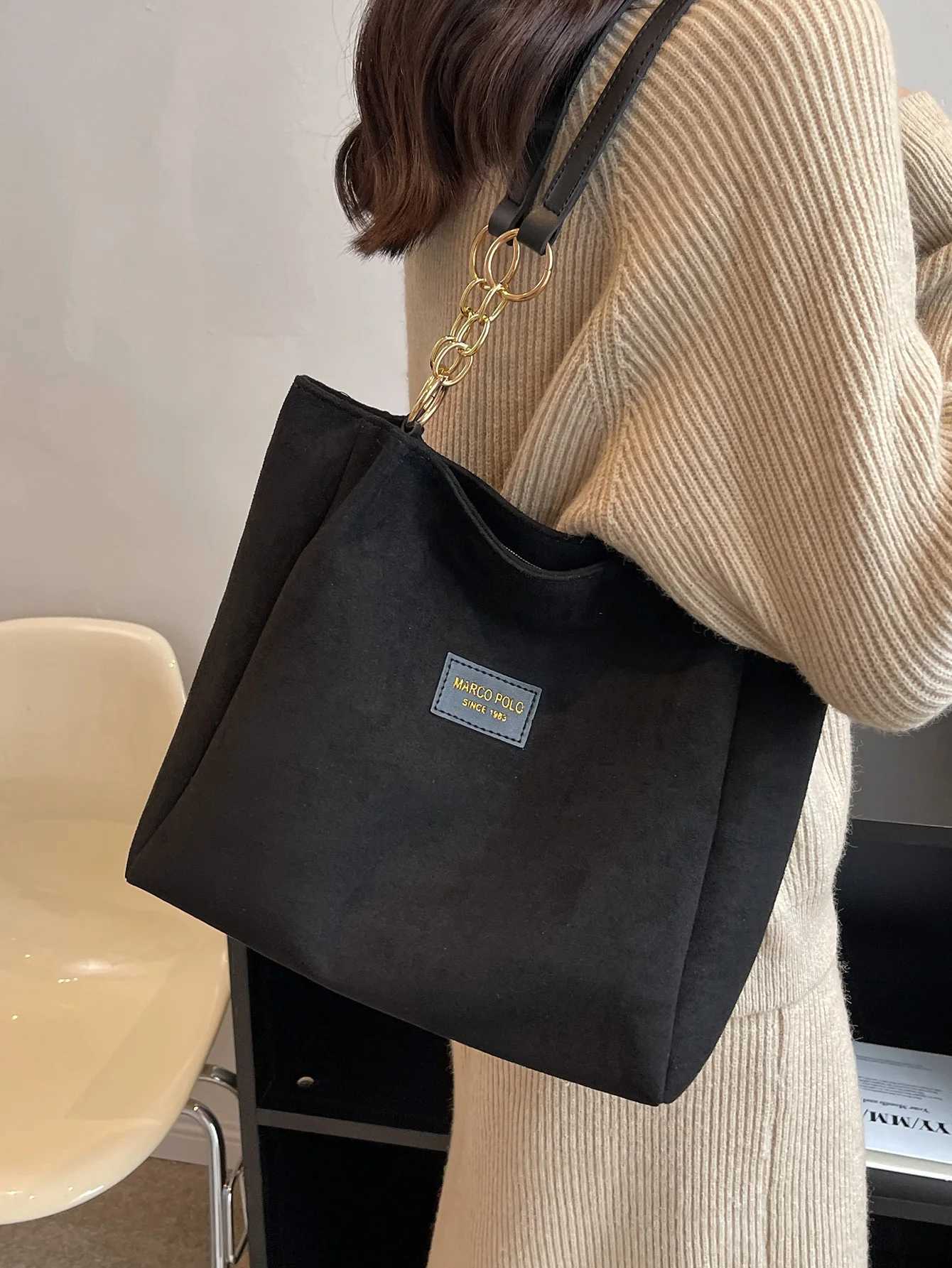 Stylish Suede Shoulder Bag Letterstick Details Chain Trim Tote Handbag Lady High Volume Tote Bag G250729