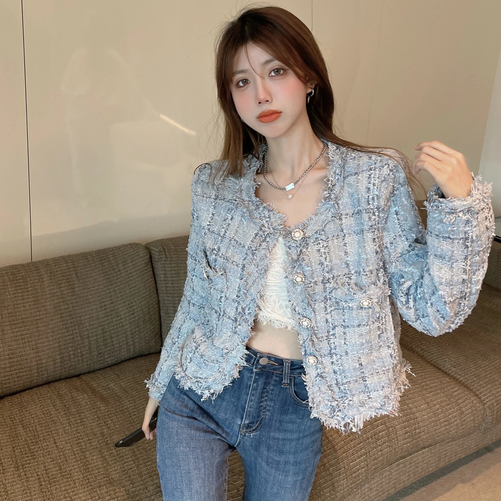 Autumn Spring Sweet Tweed Jacket Women y Woolen Short Coats Outwear Casacos Chaqueta Mujer 250730