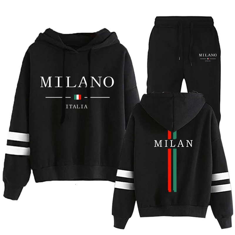 Italy Milan Womens Tracksuit Hooded Sweatshirts and Black Sweatpants High Grade Ladies Casual Sports Outfits Fashion Streetwear 250730