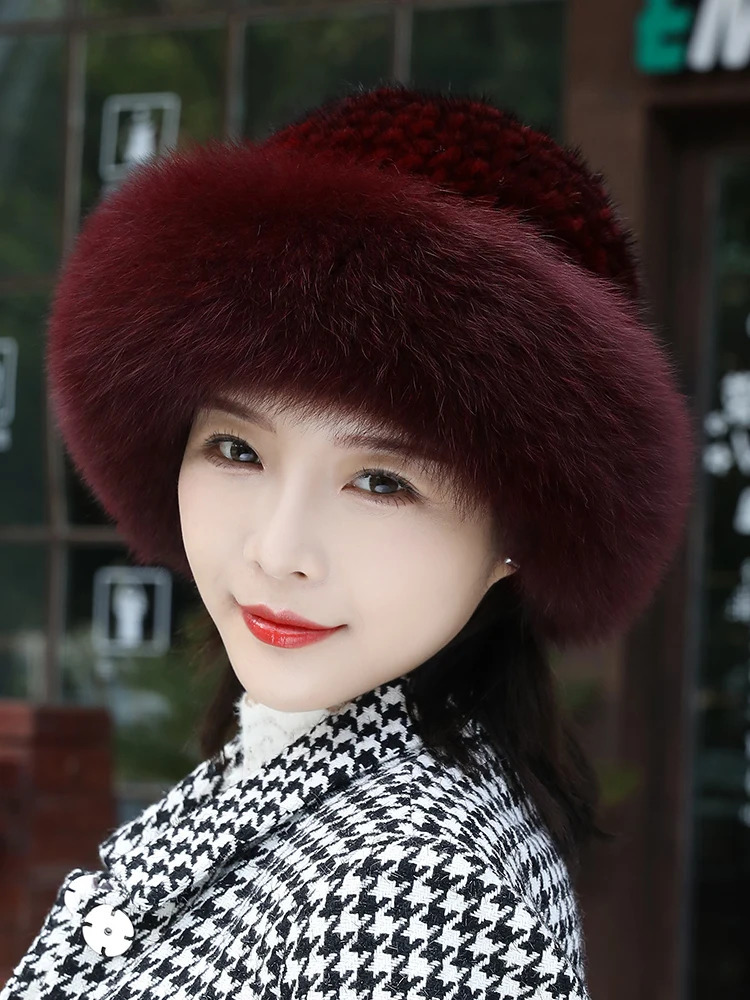 Fur Hat Winter for Womens Cap Natural Mink Fur with Fox Fur Beanies Russian Sun Knitting Bucket Hat Fashion Bonnets 250724