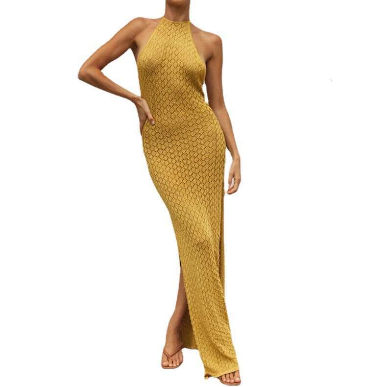 Ins Women's Sleeveless Elegant Split Summer Knitted Hollow Out Strap Sexy Backless Long Dress B5