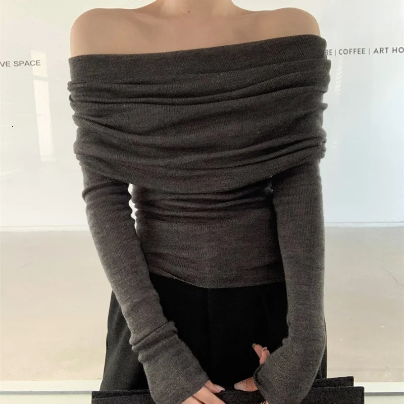 Autumn Women Long Sleeve Knitted Top Gray One Shoulder Sexy Y2k Women Sweater Winter Slim Solid Pullover Knitwear 250723
