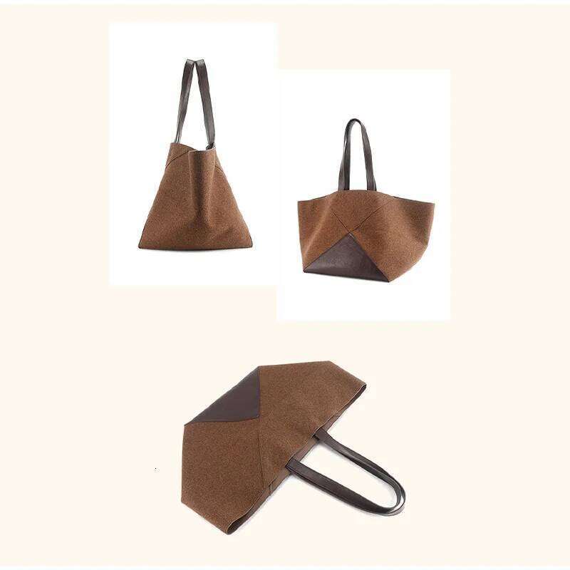 Genuine Large Capacity Tote Fashion Suede Geometric Patchwork Leather Shoulder Bag Women Retro Brown Handbag