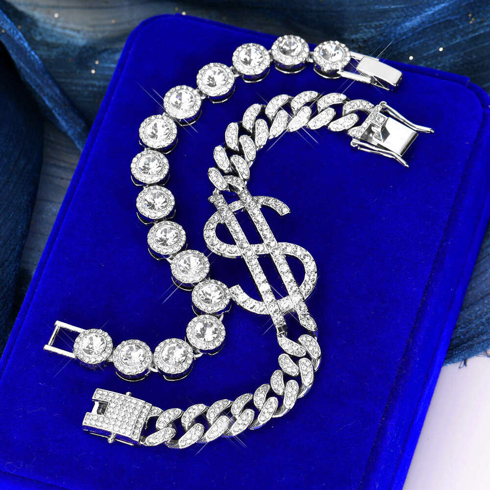 Dia-encrusted Dollar Sign Fashion Creative Classic Personality Cuban Chain Bracelet Jewelry Set