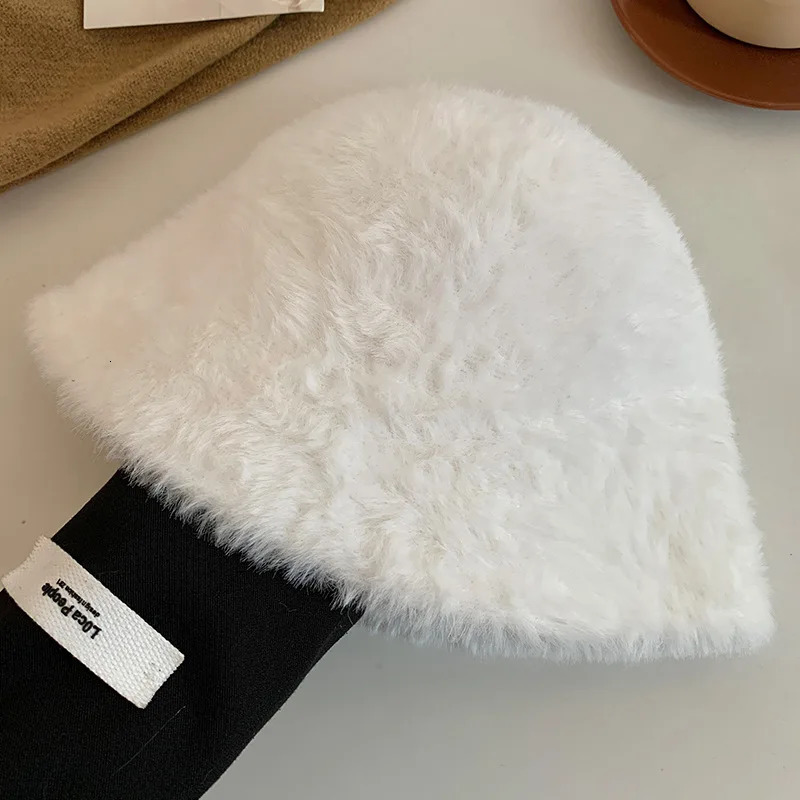 Korean Elegant Artificial Rabbit Fur Bucket Hat Women Autumn Winter Warm Thickened Fisherman Hat Panama Plush Basin Hat Lady Cap 250724