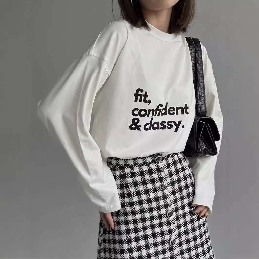 American Style Printed T-Shirt For Women, Pure Cotton Long Sleeve Letter Pattern Loose Top Ins B5