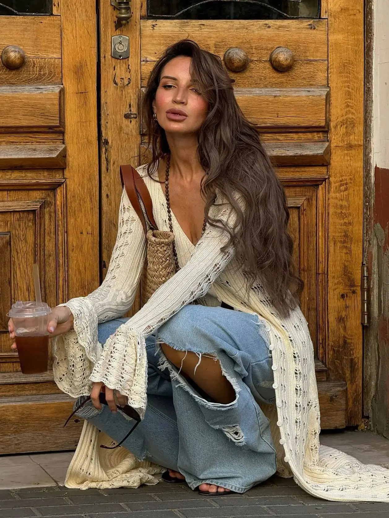 Hollow Breasted Sweater Long Dress Women Summer Party Dresses Cover Up Elegant Slim Split Maxi Holiday Beach Gown 250729