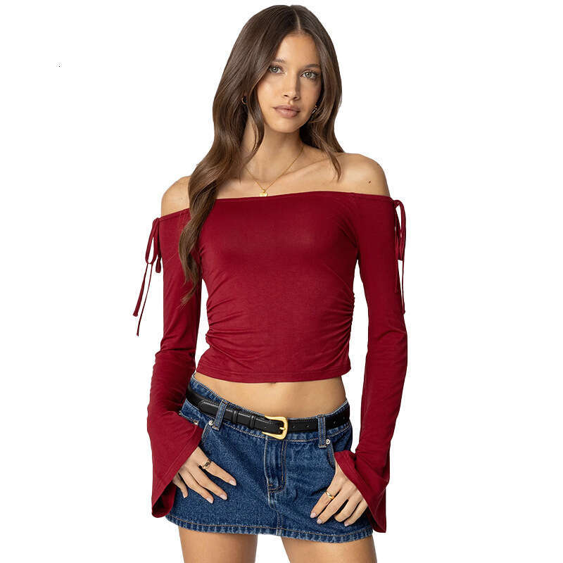 Qtp6 Women's Autumn Winter Off-Shoulder Bow Tie Ruched Short Cropped Top T-Shirt B5