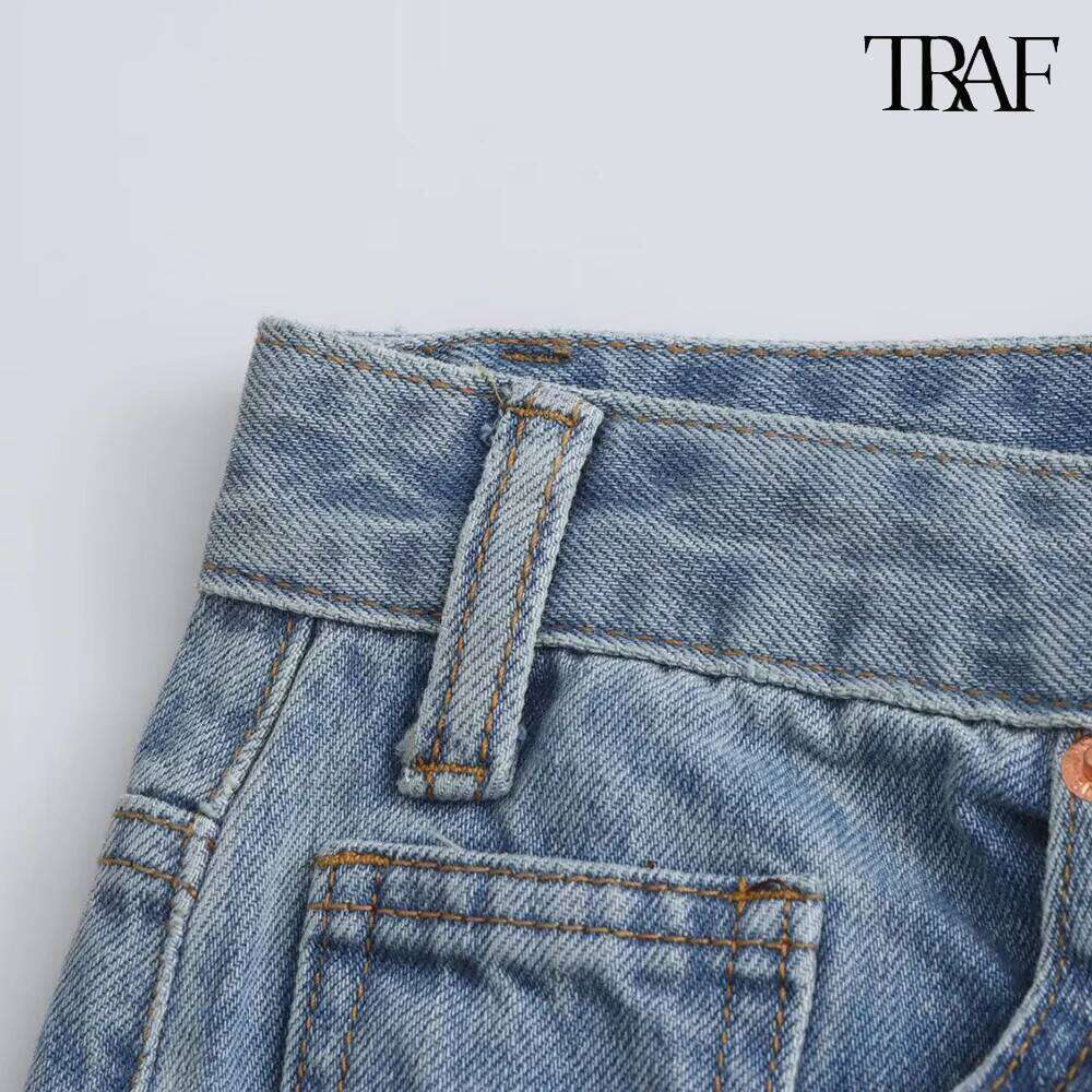 TRAF New European And American Style High-Waisted Jeans Pockets Decorated Trousers Temperament Elegant Women's Clothing MDNG