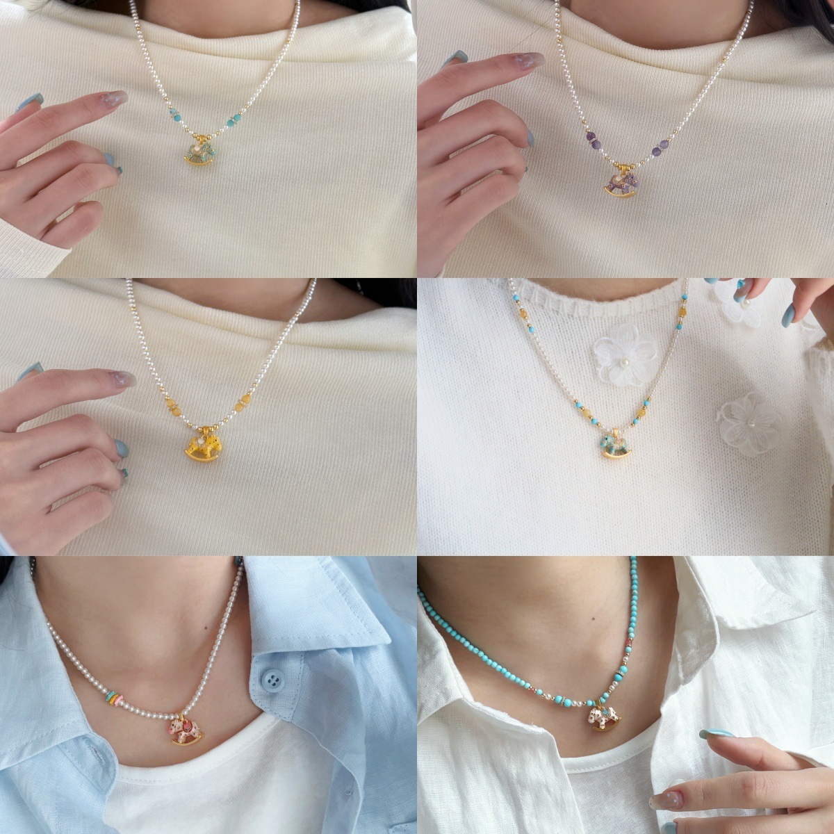 Colorful Beach Lady Pendant Dopamine Oil Drop Wooden Horse Designer Necklace Beaded Pearl Necklace Accessories For Women Light Luxury Niche High End C