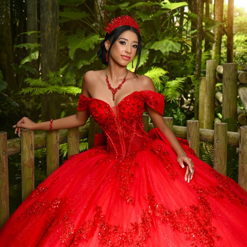 Red Shiny Quinceanera Dresses Off The Shoulder Appliques Lace Bead Bow Tull Ball Gown Sweet 16 Dress Vestidos De 15 Anos