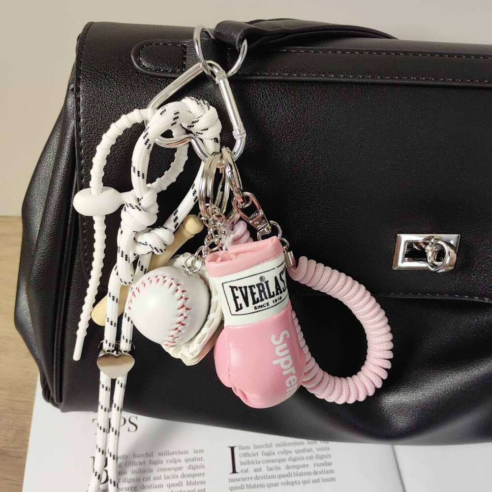 Pink Boxing Glove White Baseball Keychain Spring Lanyard Women's Bag Pendant