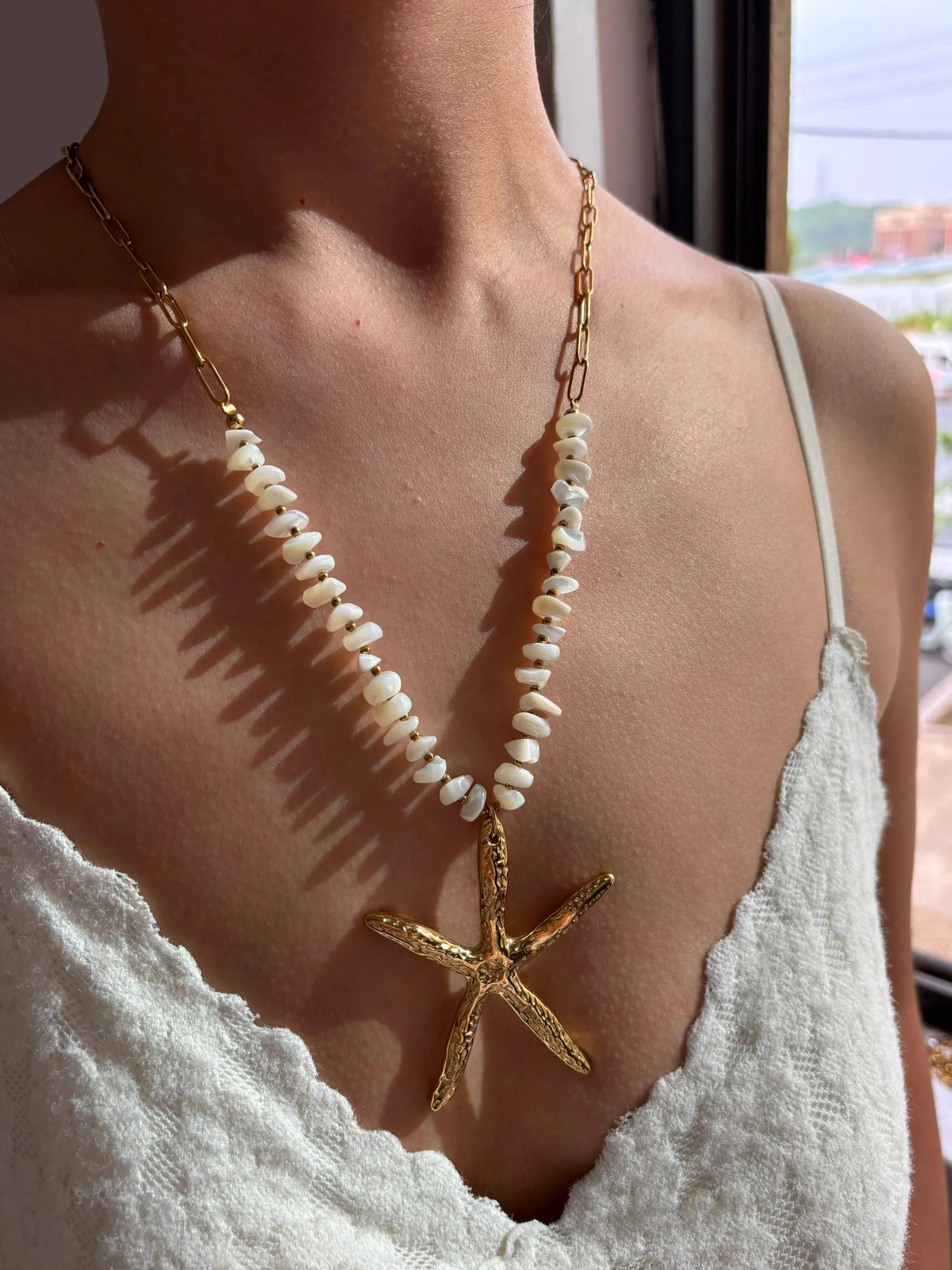 GHIDBK Statement Exaggerated Ocean Style Big Starfish Natural Shell Pendant Necklace for Women Stainless Steel Beach Jewelry 250729