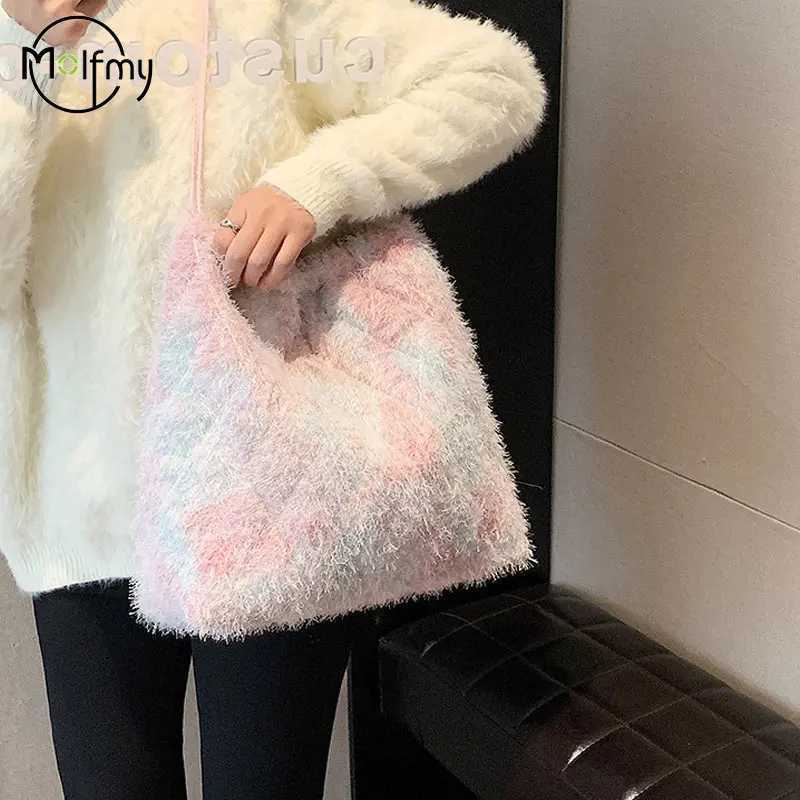 Clouds Pleat Big Bag Korean Gradient Fashion Womens Bag Quilted Padding Handbag Womens Nylon Plush Shoulder Bags Bolso Mujer Y250729