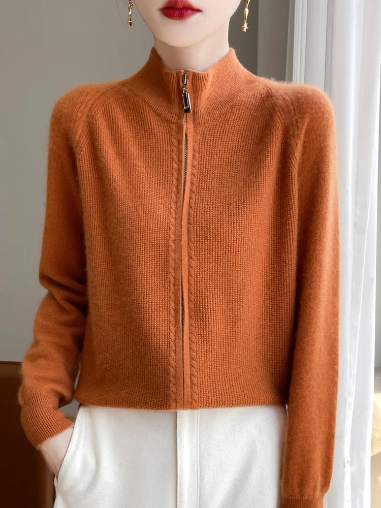 100% Pure Wool Zipper Cardigan Womens SemiTurtleneck Knit Coat Fashion Loose Double Sweater Autumn Winter Female Jacket 250730
