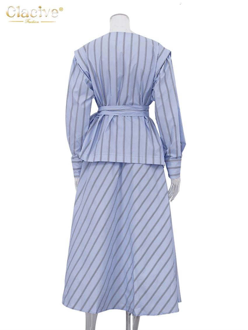 Clacive Fashion Loose Stripe Print 2 Piece Sets Women Outfit Elegant Long Sleeve Shirt With High Waist Ankle Length Skirt Set 250730