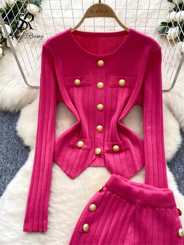 SINGREINY Fashion OL Winter Suits Women Long Sleeves Chic Buttons PulloversElastic Pants Vintage Sweater Two Pieces Sets 250730