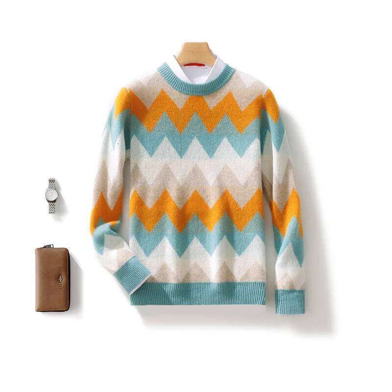 Men's 100% Merino Wool Soft Sweater O-Neck Stripe Pullover Contrast Casual Knitting Jumper Thickened Autumn Winter Loose Top MDNG