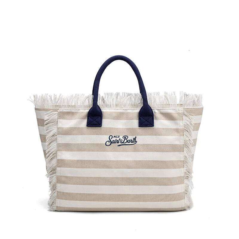 Saint Barth Large Capacity 2025 Handbag European and American Beach Street Horizontal Striped Apricot Canvas Tote Bag for Women