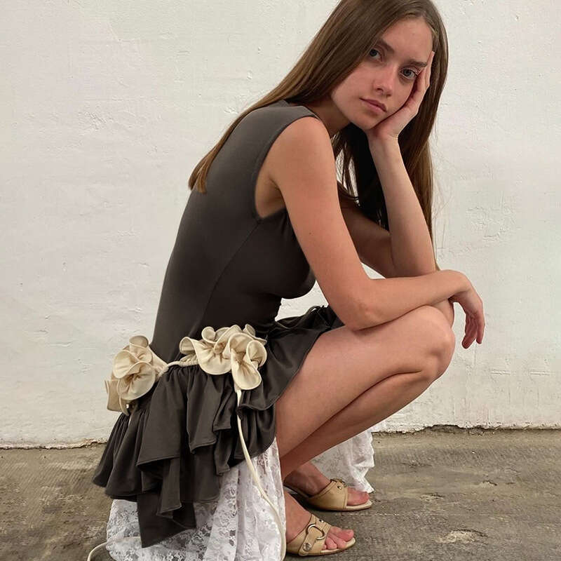 Yds119 Women's Summer New Color-Block Round Neck Sleeveless Lace Fashion Sexy Short Dress B5