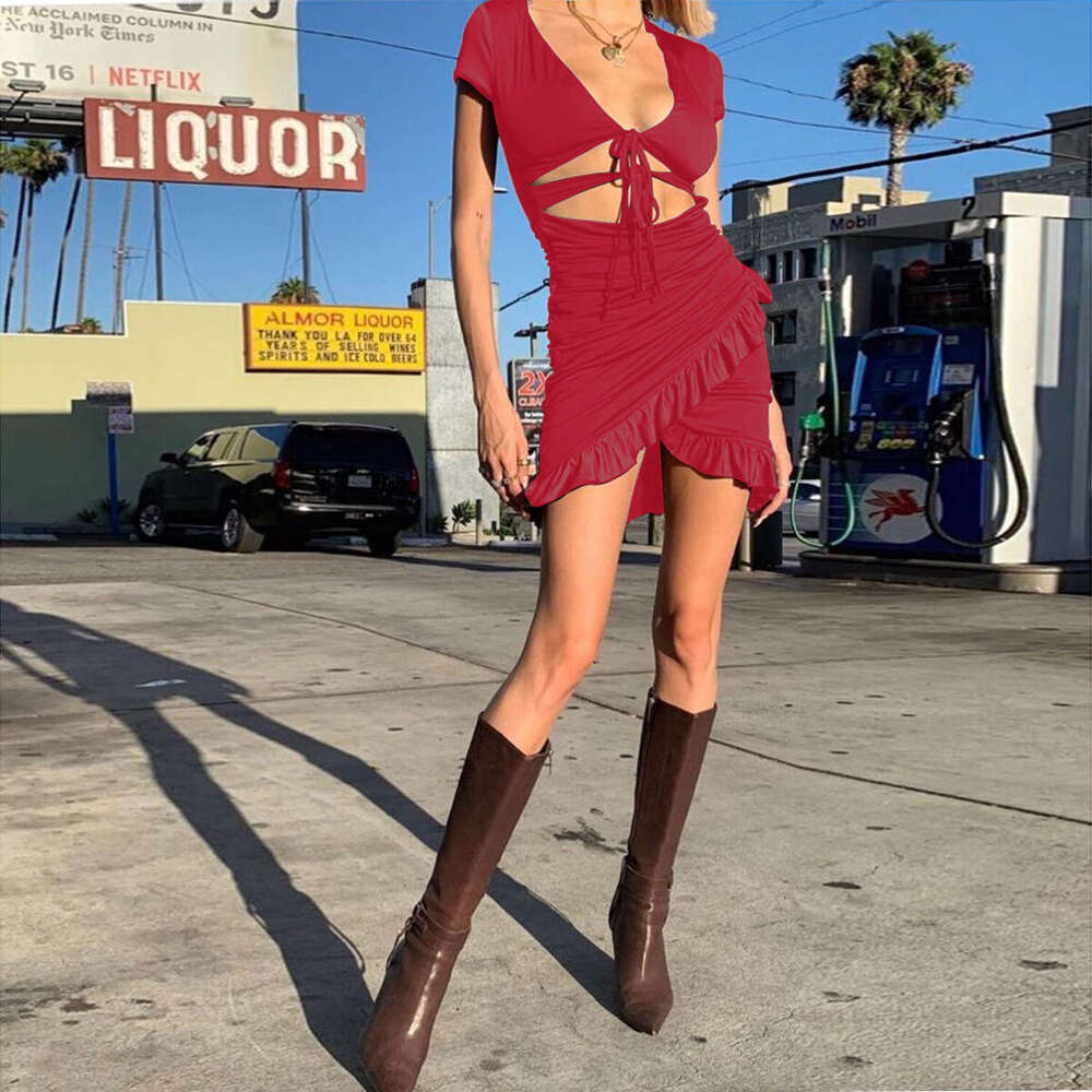 Women's Deep V Neck Hollow Out Ruffled Bodycon Sexy Dress B5