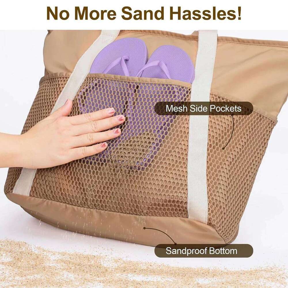 Travel Tote Beach Bag, Sand-Proof Foldable Handbag With Zippered Mesh Pocket, Daily Vacation Essentials