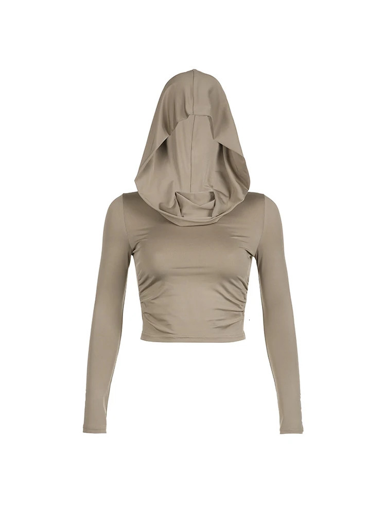 Womens Hooded Crop Tops Autumn Solid Color Long Sleeve Cowl Neck Slim Fit Short TShirt Streetwear Sporty Basics Tees 250729