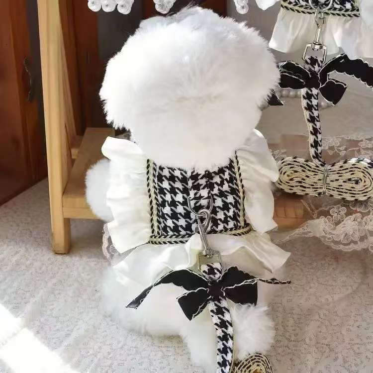 Pet Dresses Leash Vest Clothes Harness Pet Cat Small Dog Houndstooth Teddy Bichon