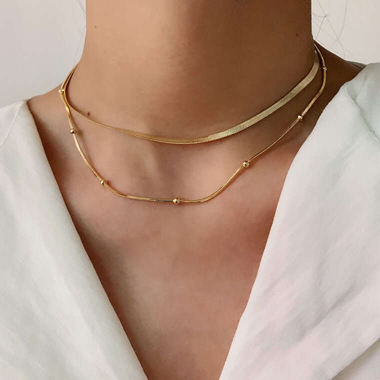 Minimalist Style Gold Titanium Steel Non-Fading Necklace Double Layer Stacking Niche Fashion Choker Snake Bone Chain for Women