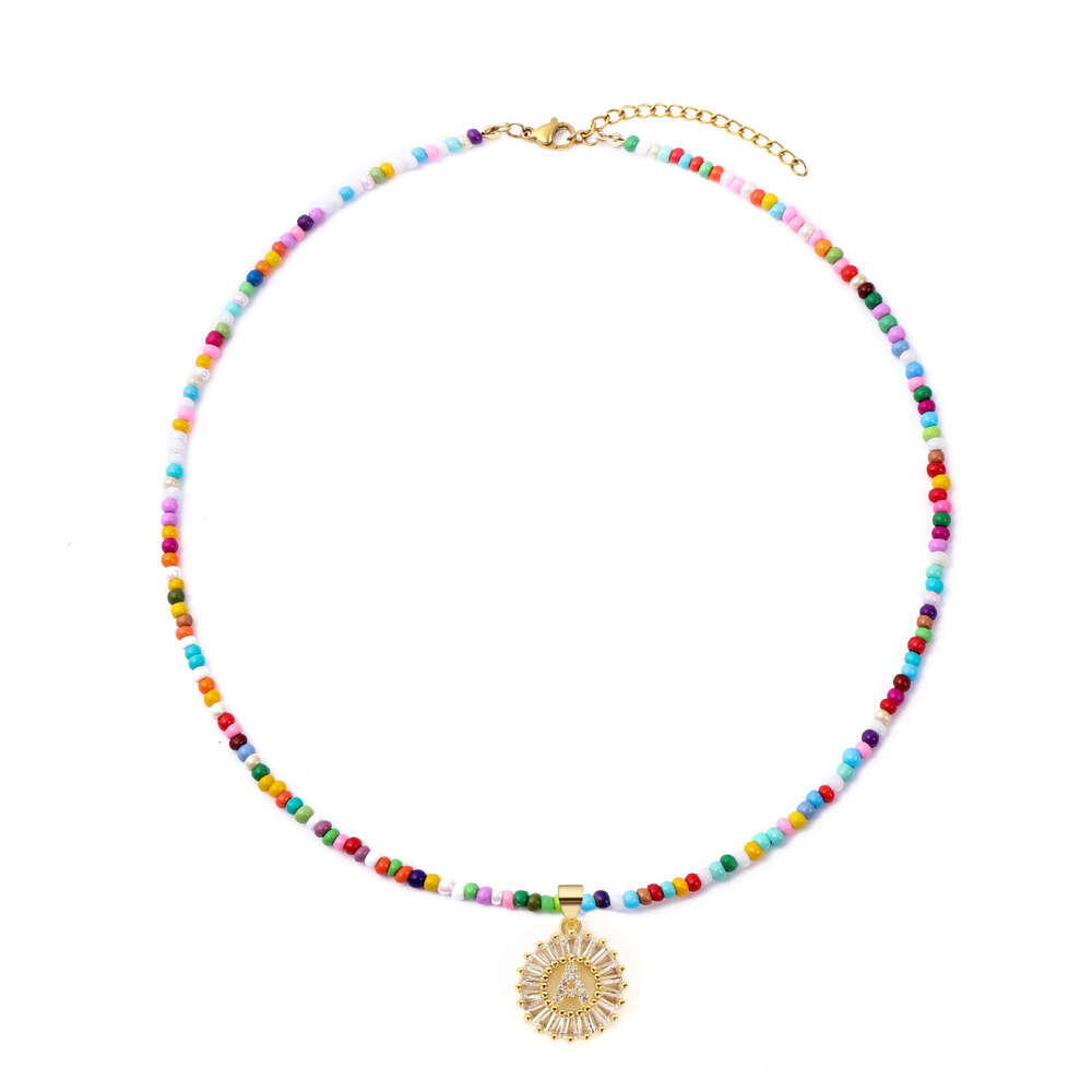 Vacuum Gold Plated Stainless Steel Colorful Rice Beads 26 Necklace Bubble Letter Pendant