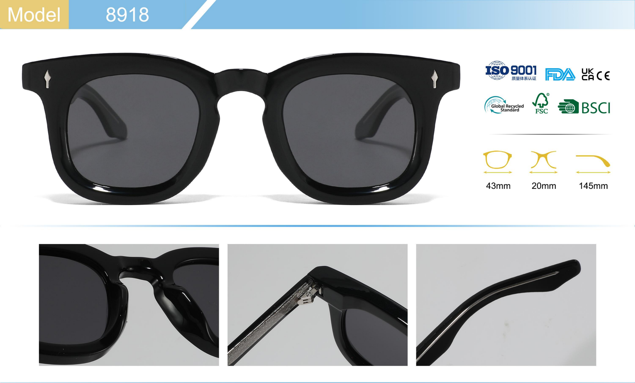 Designer sunglasses luxury glasses for women high quality frame men daily outfit radiation protection white blue minimalist temple shatterprppf lenses