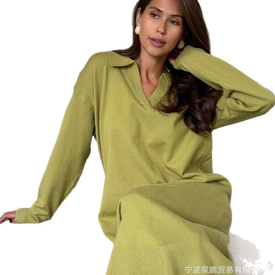 Autumn Winter Scissors Collar Soft Sweater Elegant Versatile Loose Long Dress Ins Style B5